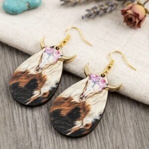 pink roses cow skull earrings
