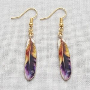 purple yellow orange feather earrings
