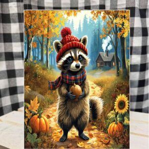 fall raccoon metal sign