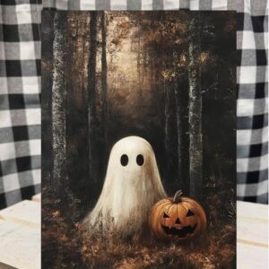 ghost pumpkin in the woods metal sign