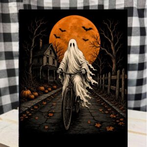 ghost on bicycle metal sign